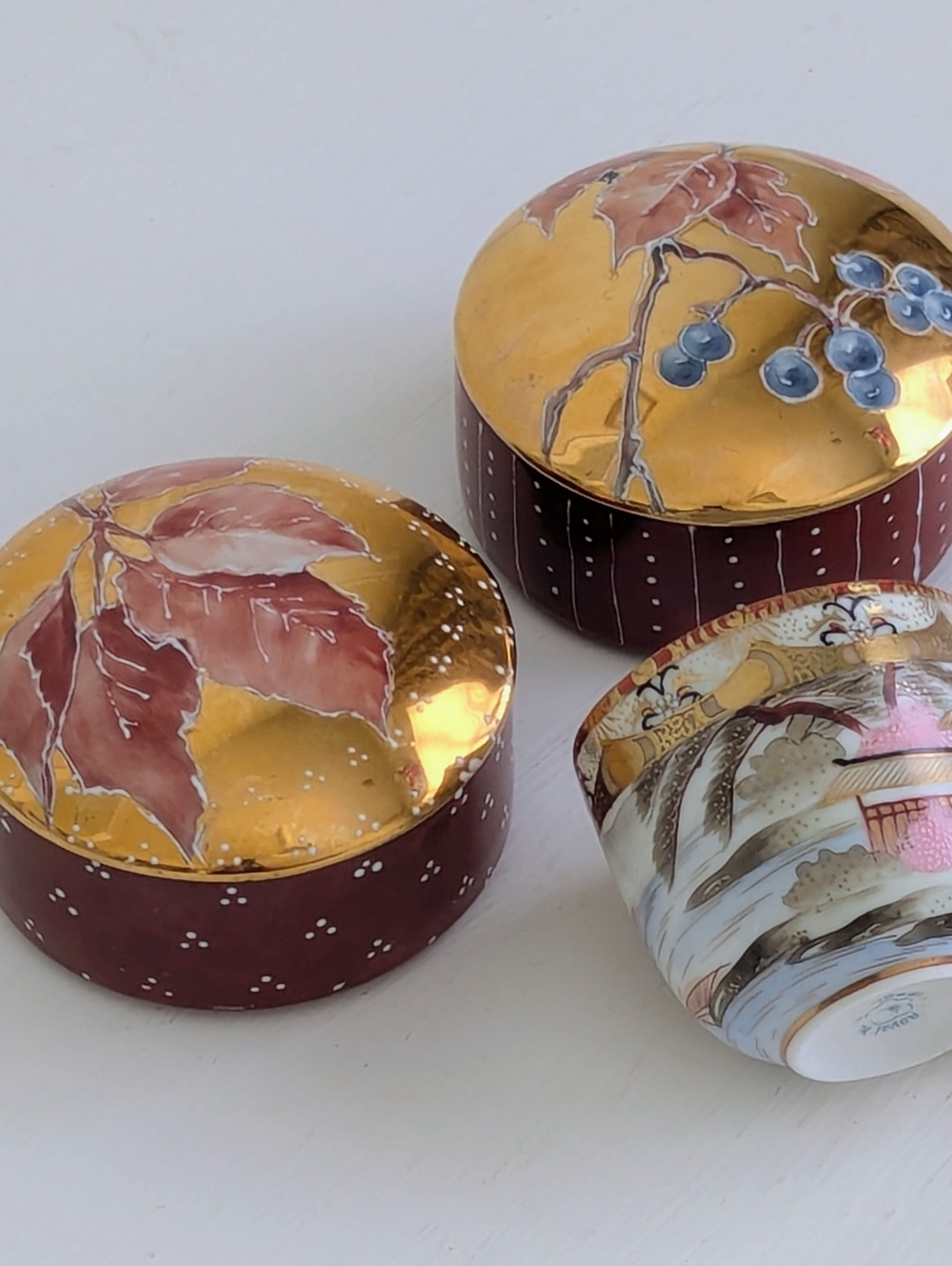 Set of Two Vintage Japanese Gilded Ceramic Trinket Boxes Fall Autumn Leaves